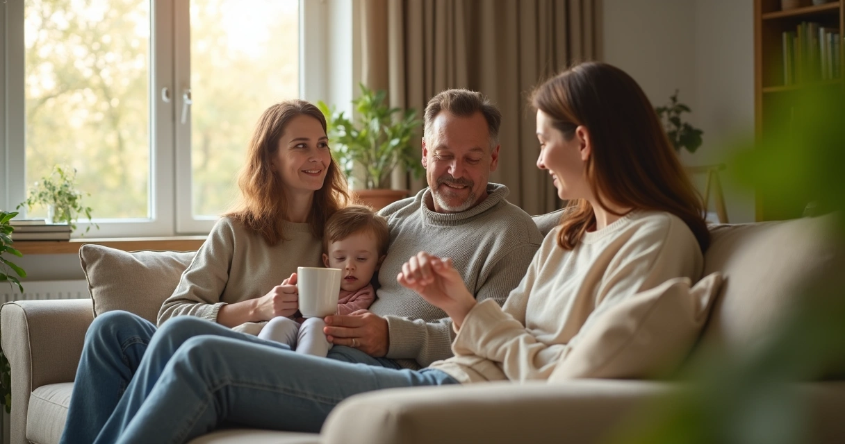 Family sharing a calm moment together in a softly lit living room 
