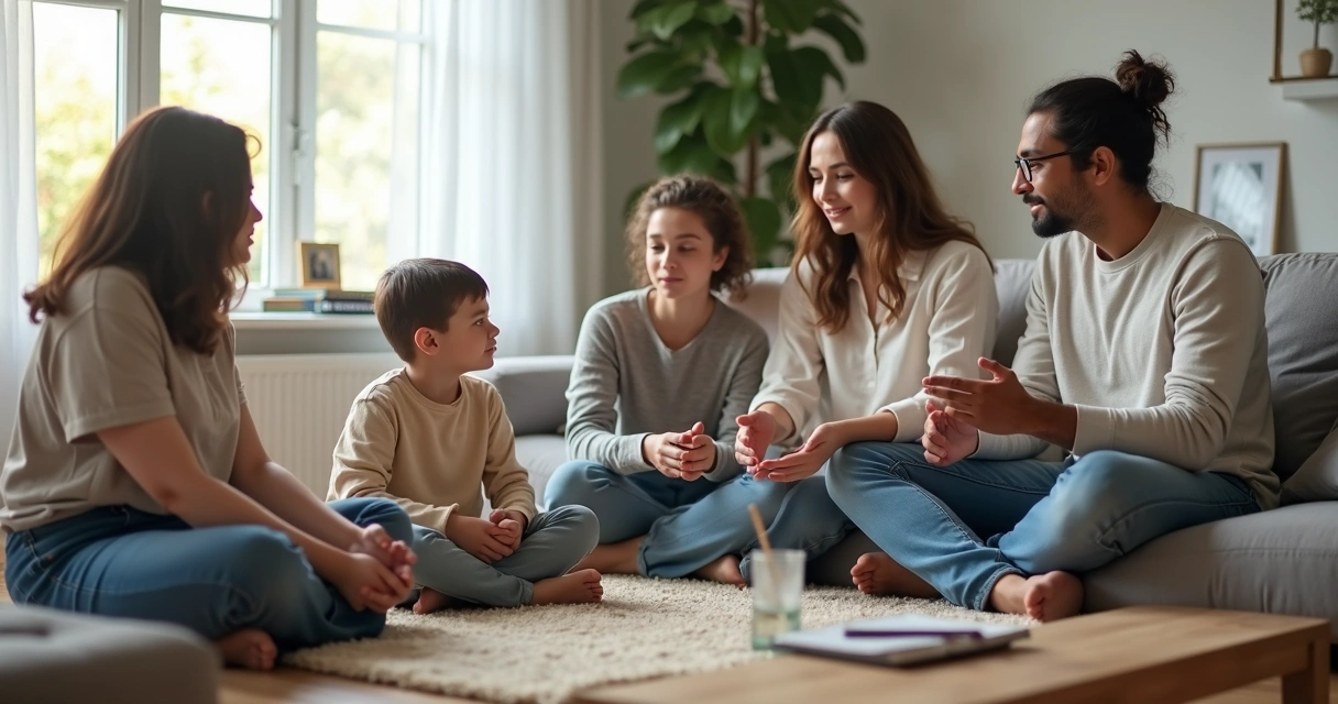 Family sitting calmly in living room talking together 