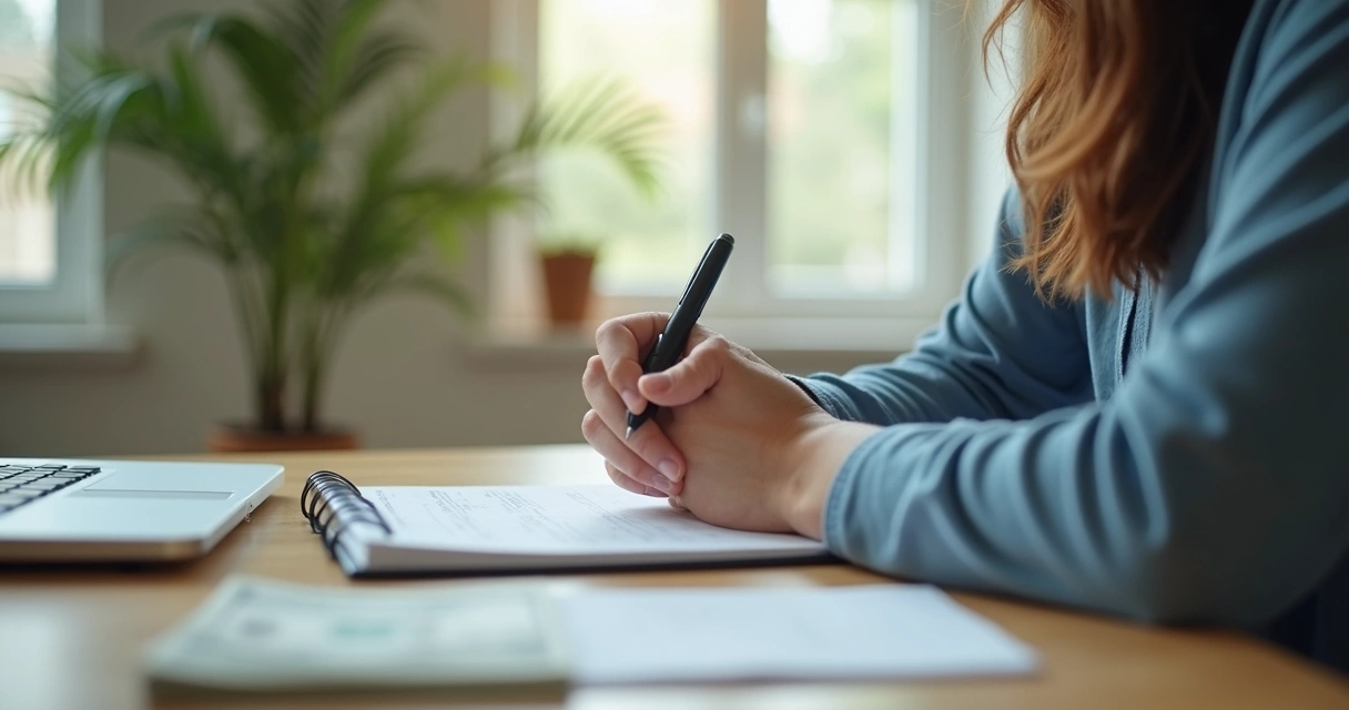 Person reflecting over financial notes in a calm home setting