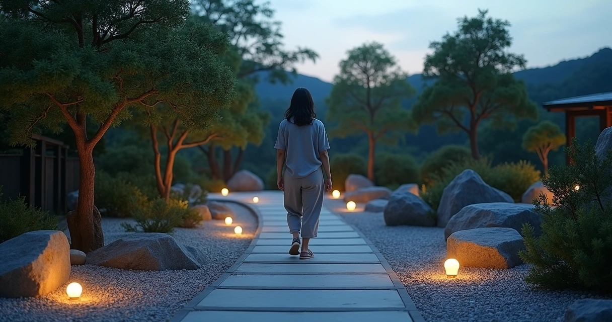 Person walking along stone path lined with soft glowing boundary lights in tranquil garden 