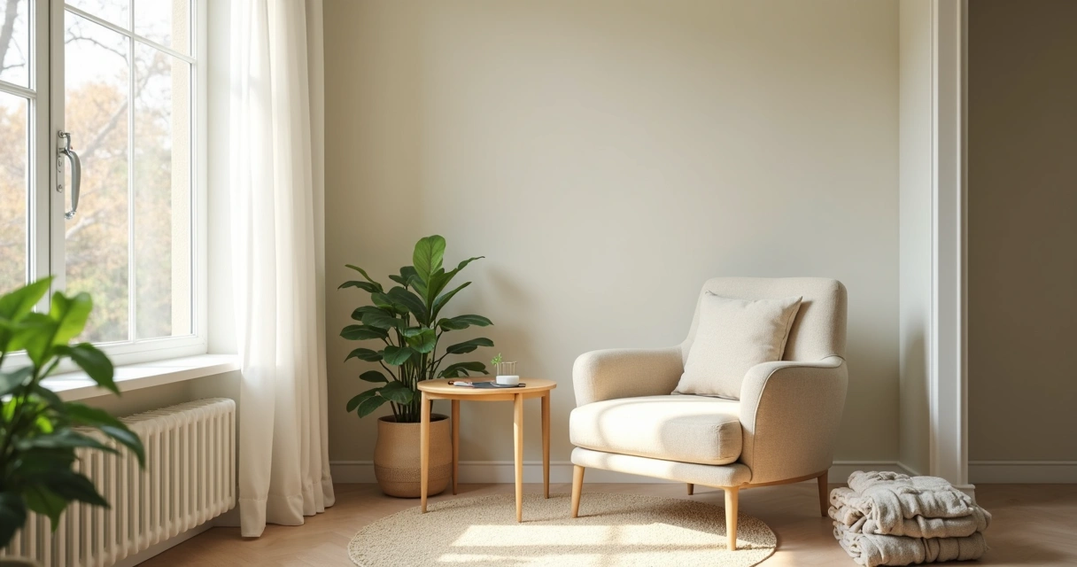 Quiet home corner with chair, plant, and soft natural light