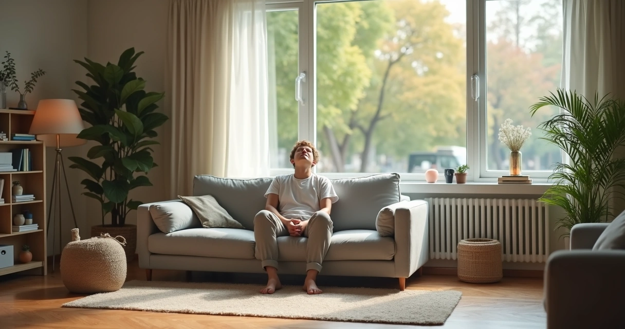 Person sitting calmly by a window in a tidy living room with soft natural light 
