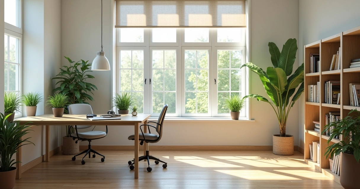 Calm home office with plants and natural light 