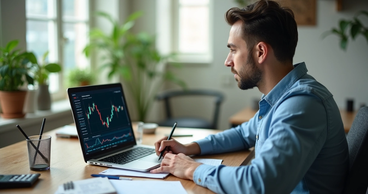 Person reviewing charts calmly at a home office desk 