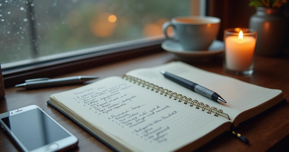 Notebook with budget notes beside a candle and rain outside a window