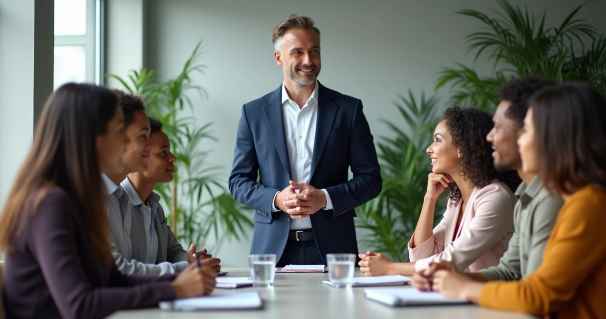 Leader speaking calmly to a team in a light-filled office 