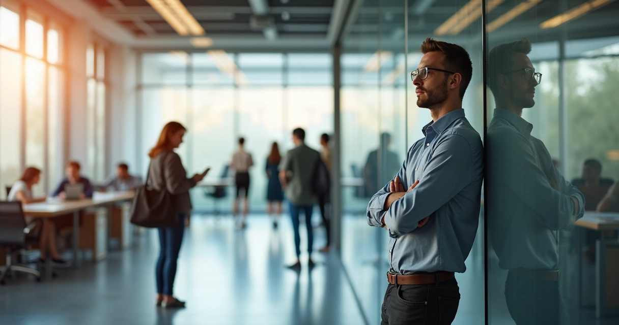 Calm leader reflected in glass among blurred moving colleagues 