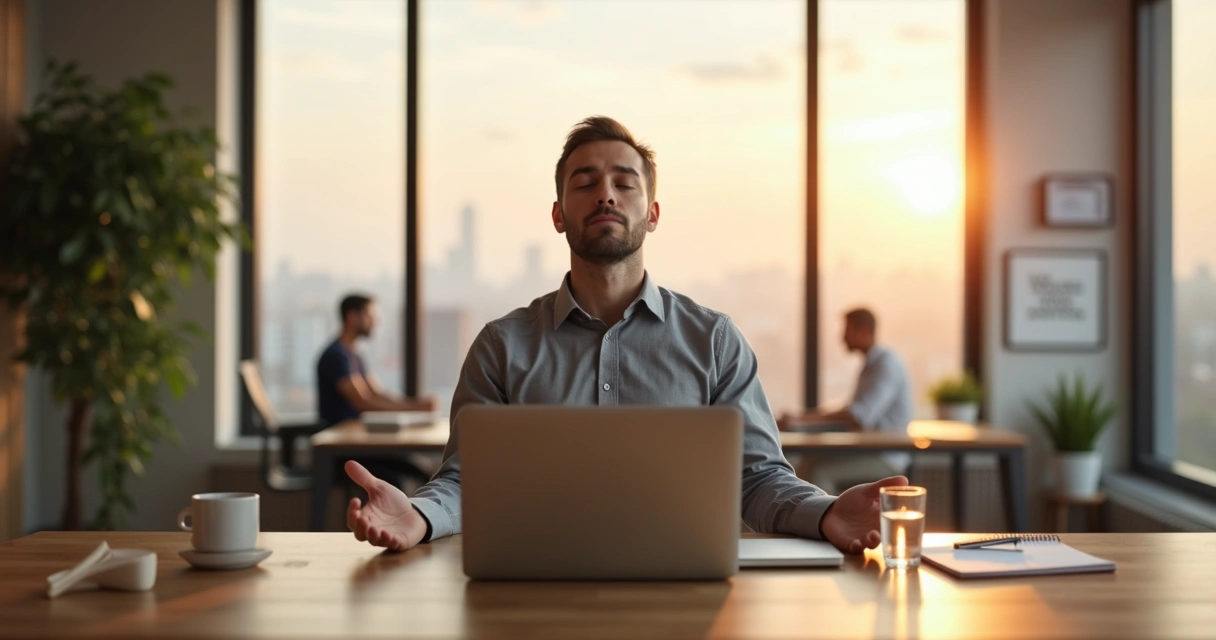 Calm leader at desk practicing mindful breathing during workday 