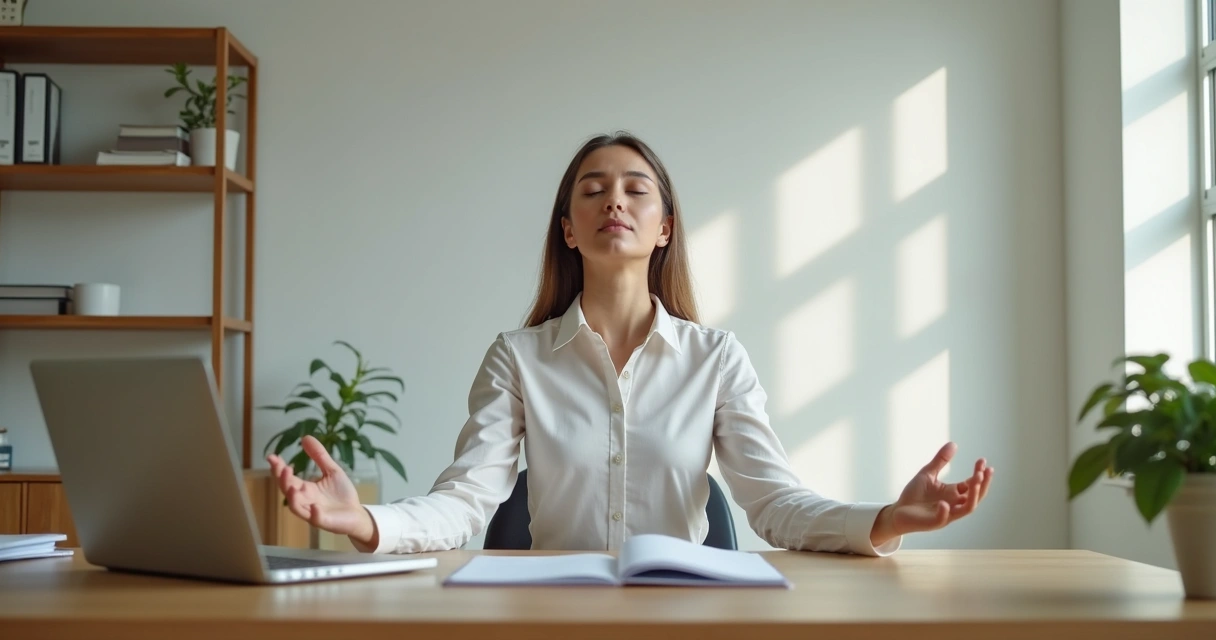 Manager practicing meditation at desk in calm office setting 