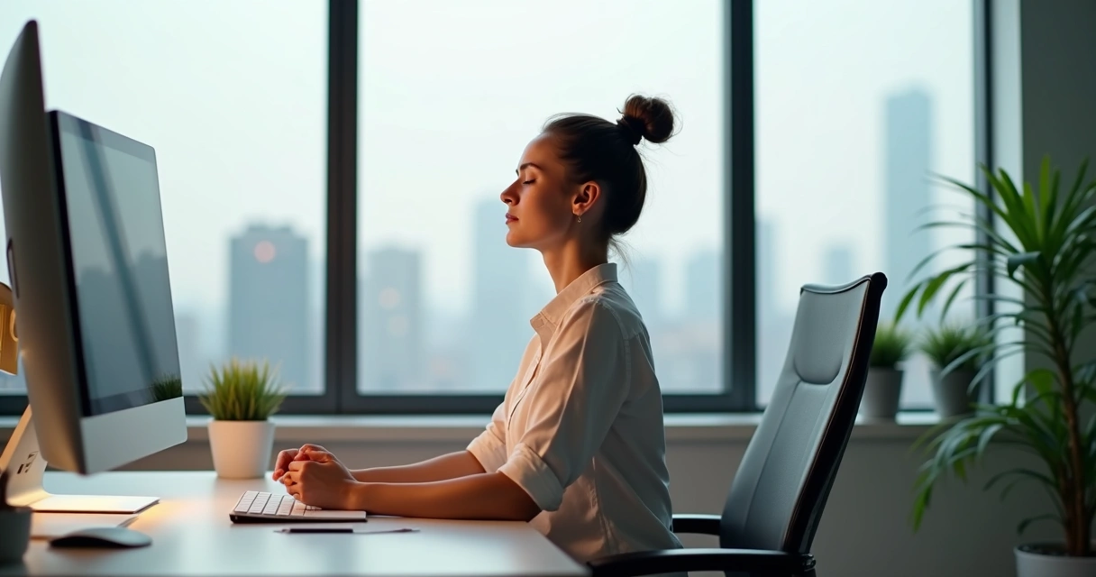 Person sitting calmly in an office, eyes closed, meditating at a tidy desk with a computer and a plant. 
