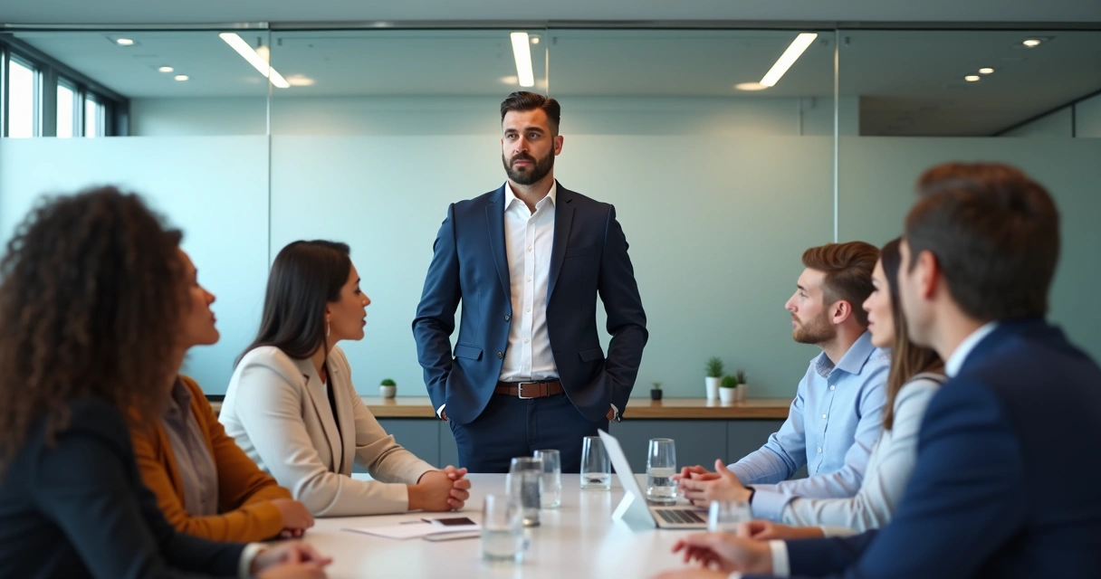 Leader calmly addressing team in office 