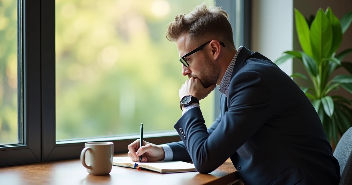 Calm leader reflecting with a journal near a window
