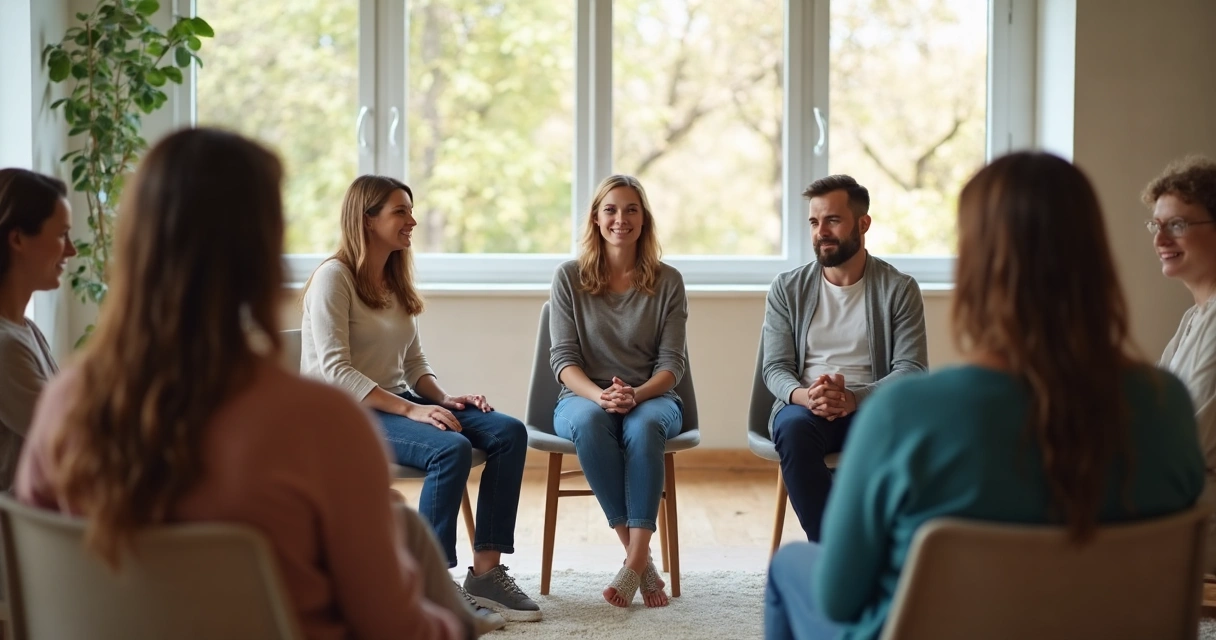 Calm facilitator guiding a group seated in a circle