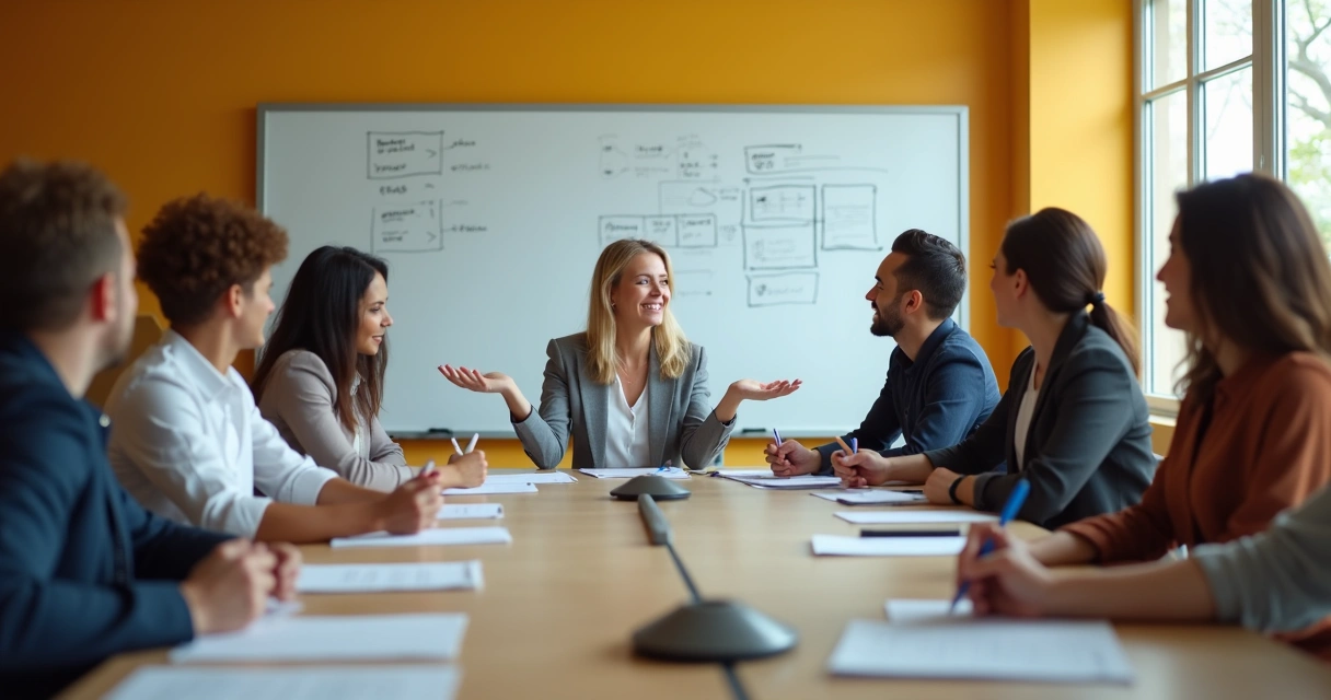 Leader addressing team with calm body language during meeting 