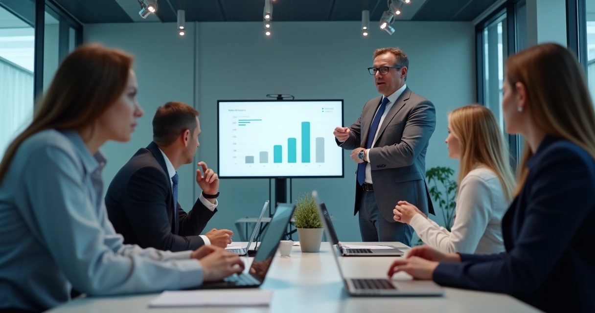 Leader speaking calmly during a high-pressure office discussion 