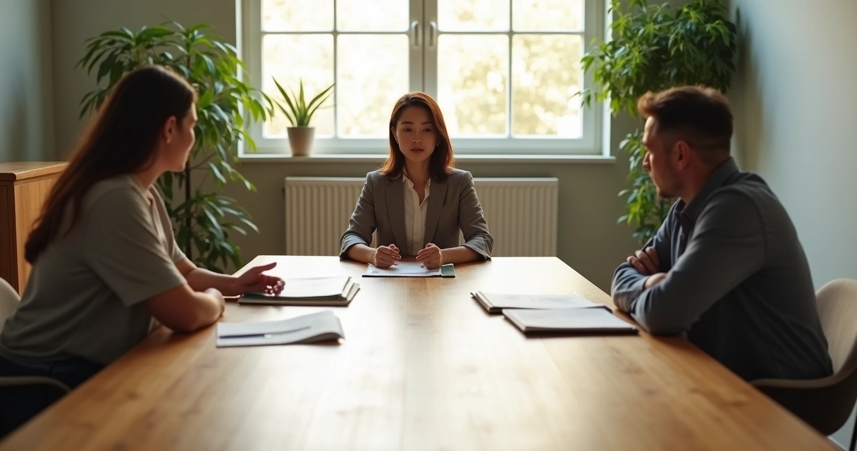Calm mediator sitting between two people in a heated discussion 