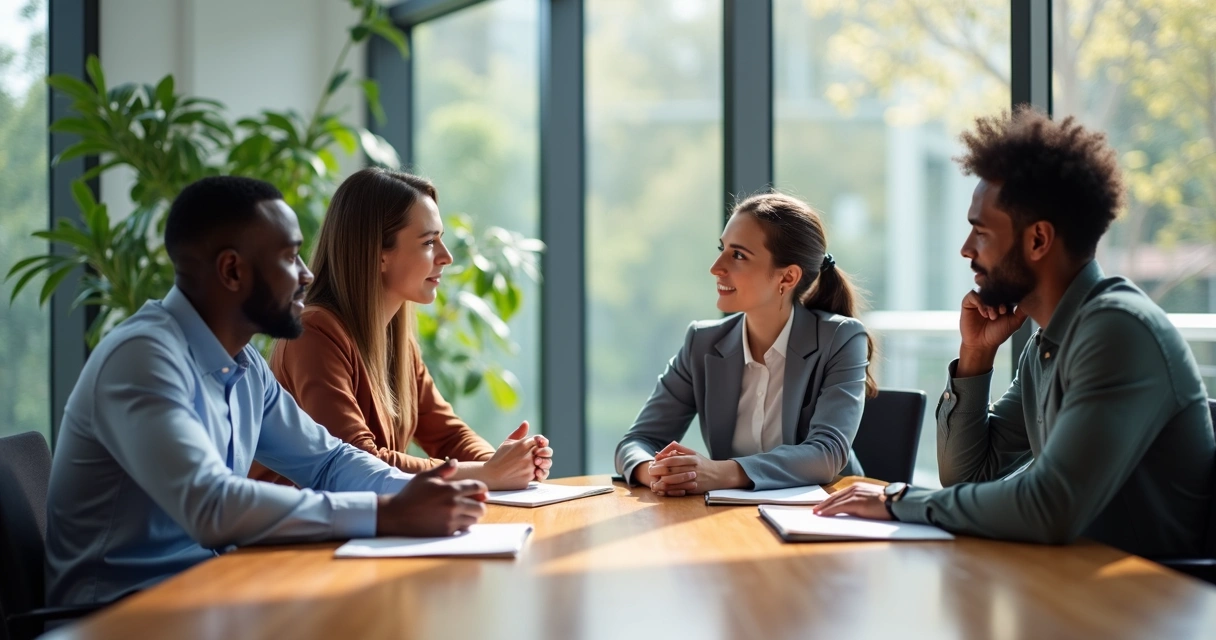 People sitting around a meeting table in a calm, peaceful workspace 