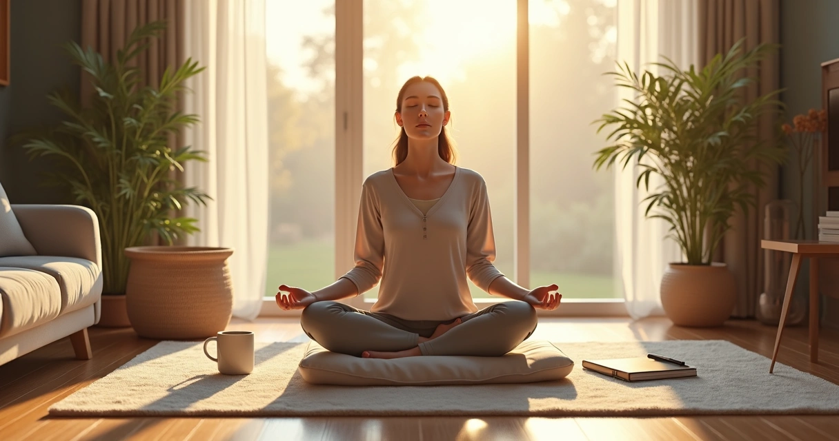 Person practicing mindful breathing in a bright living room 