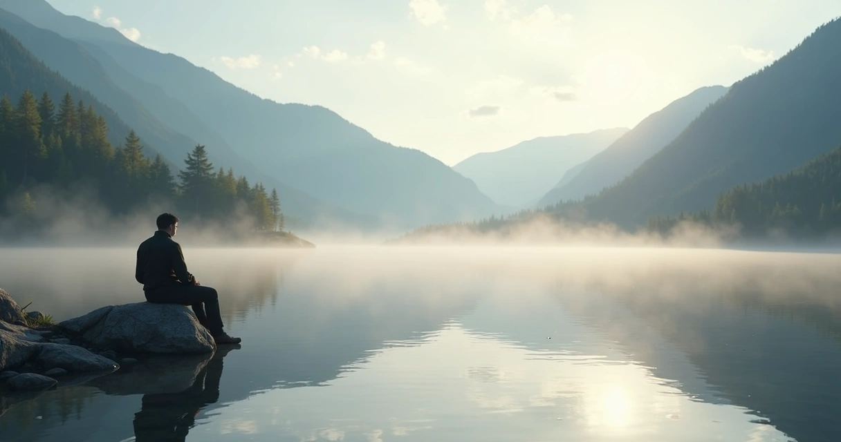 Person sitting quietly by lake with calm water 