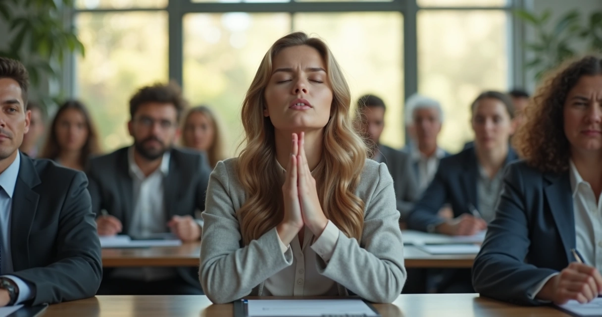 Person practicing mindful breathing in a stressful meeting
