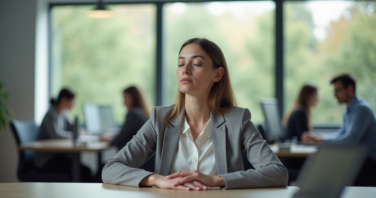 Employee sitting at desk with closed eyes and relaxed posture in busy office environment