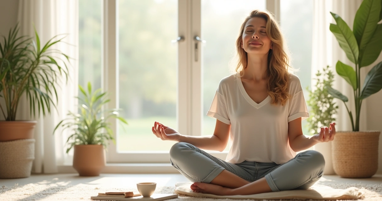 Person sitting peacefully, practicing mindfulness in a bright, quiet room. 