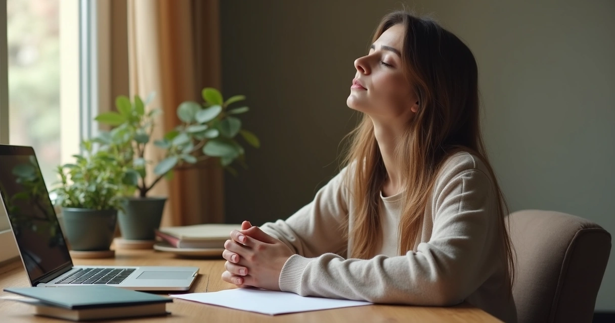 Quiet home workspace with person practicing breathing 