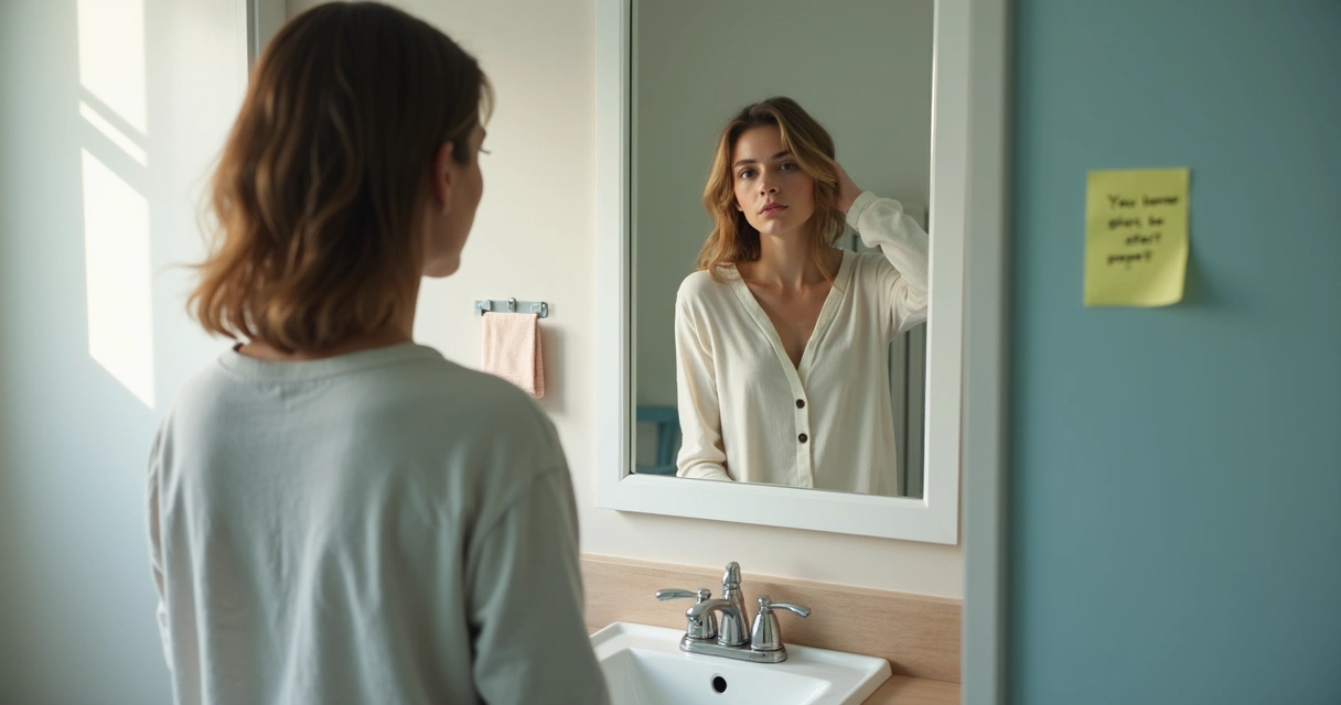 Person reflecting in a mirror with calm morning light