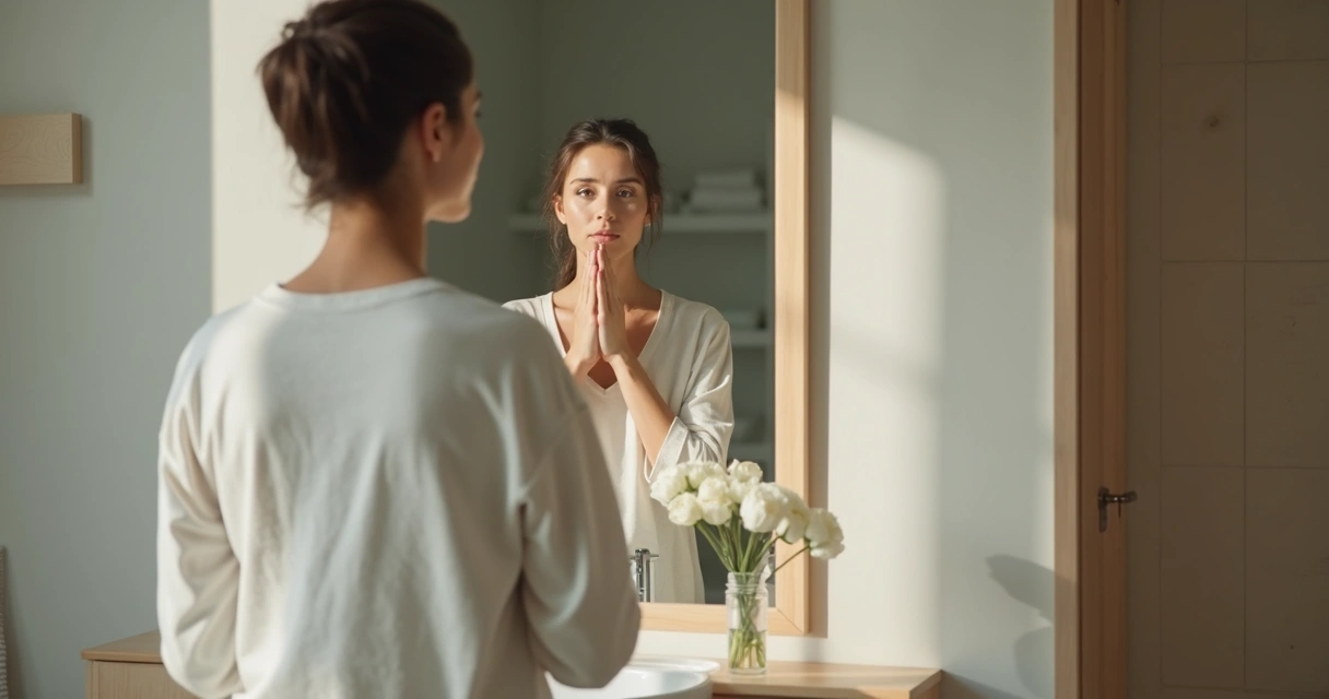 Person looking into a mirror in soft natural light