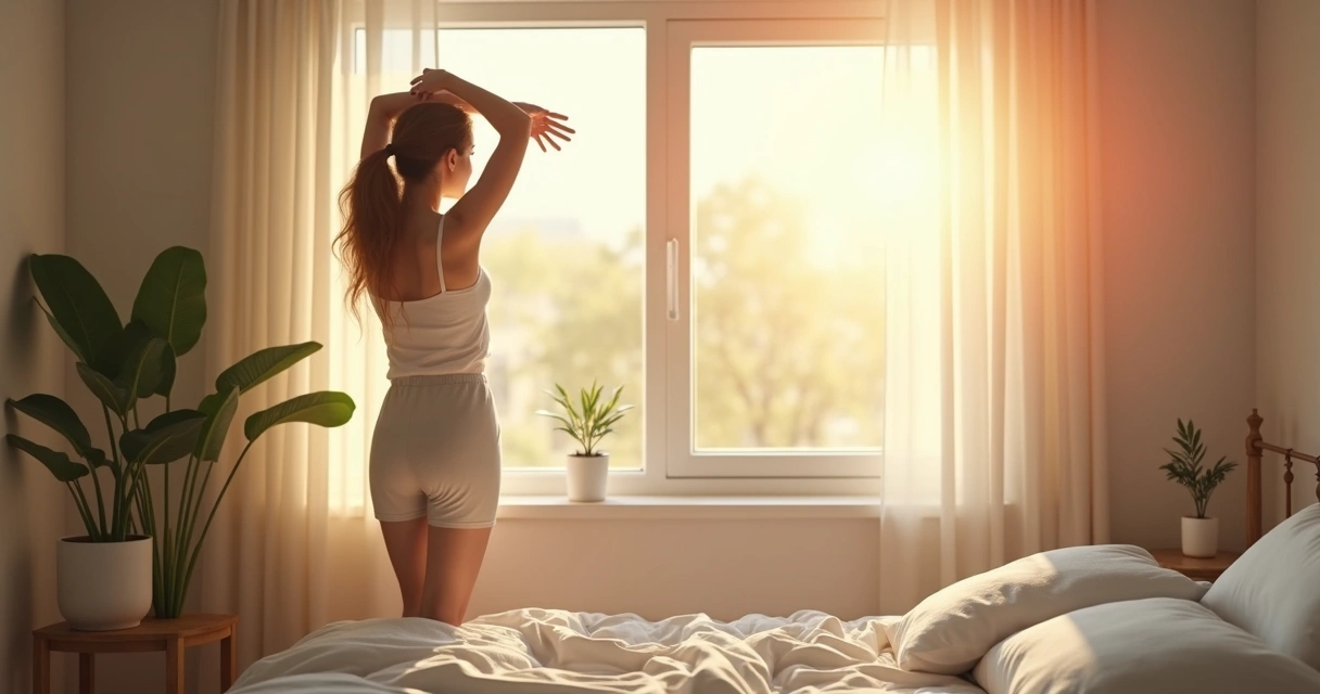 Person doing morning routine with gentle sunlight through window 