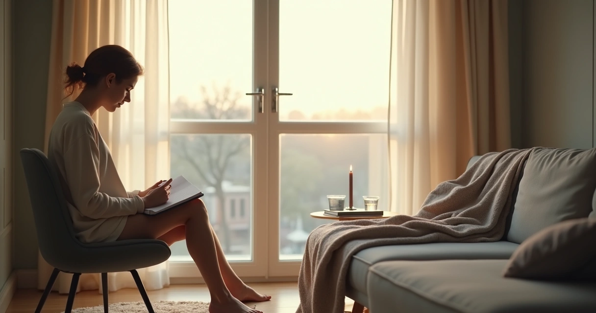 Person sitting quietly by a window with a notebook and soft morning light 