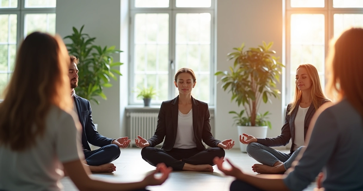 Colleagues practicing seated group meditation in a bright office, eyes closed 
