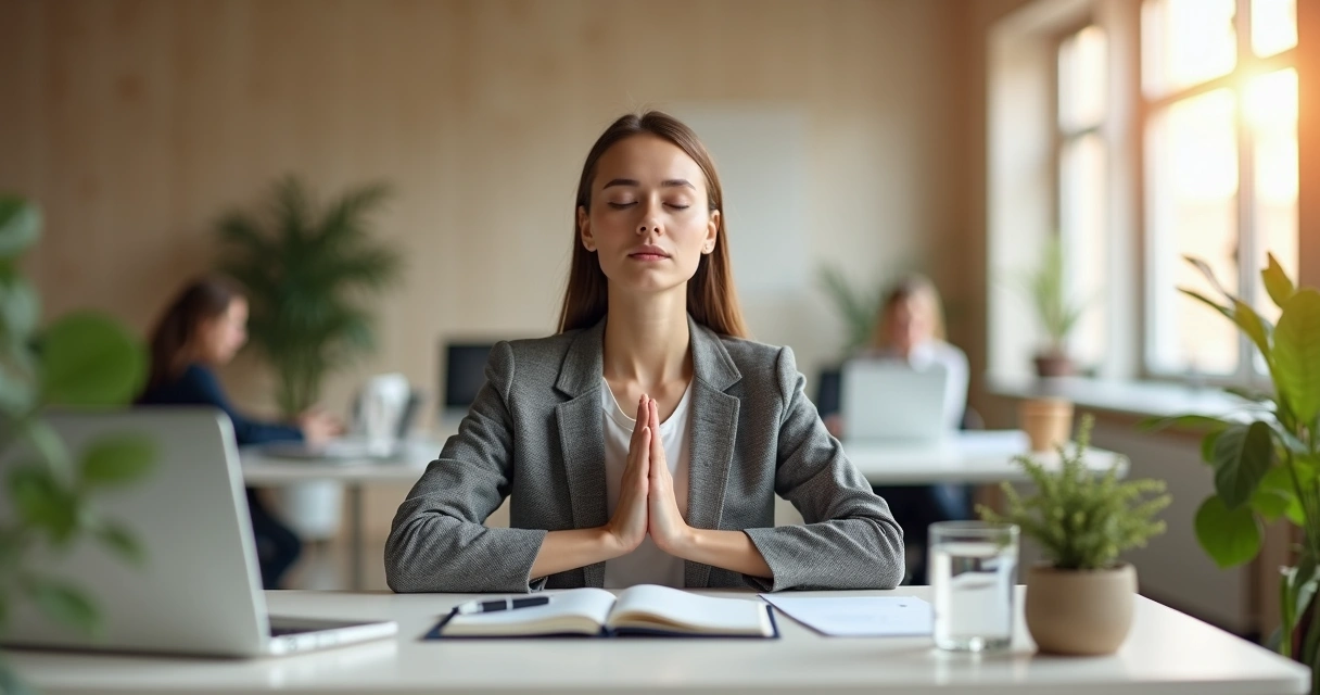 Professional sitting calmly at an office desk practicing a mindful breathing ritual 