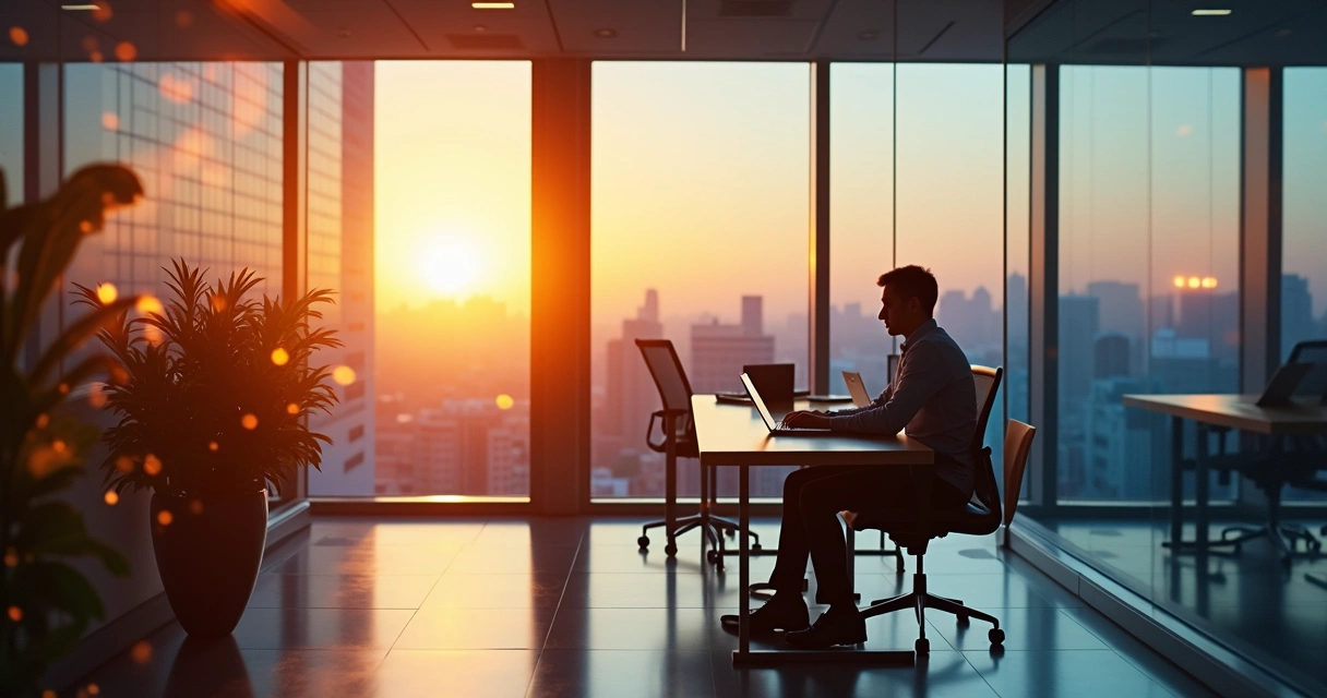 Professional focused at desk with emotional soundwaves quieting around them 