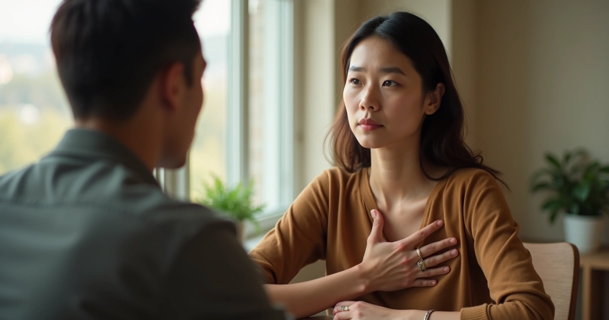 Person pausing thoughtfully during a calm face-to-face conversation