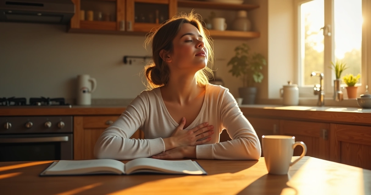 Person pausing at breakfast table, hand on chest, eyes closed 