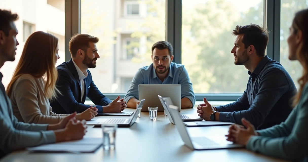 Team sitting calmly around meeting table 