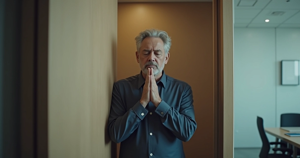 Person pausing and taking a breath before entering a meeting room