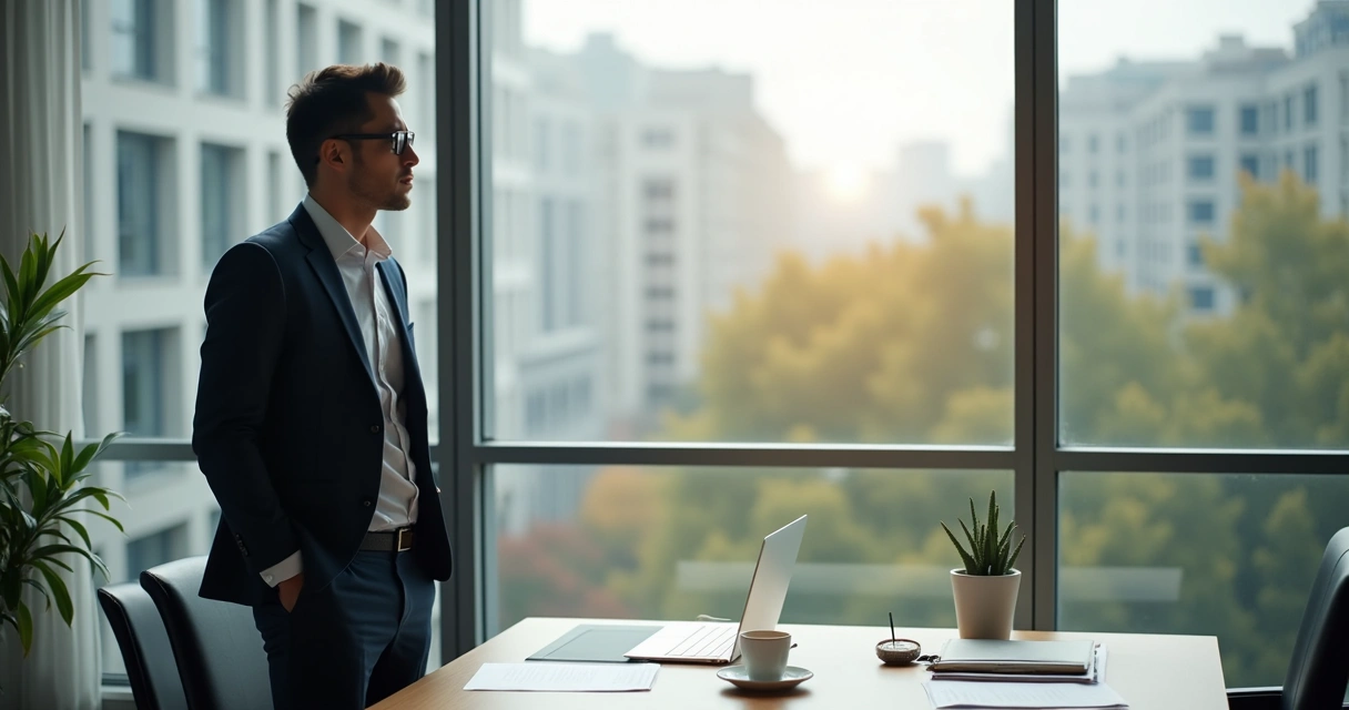 Businessperson in a calm office setting looking out the window, reflective atmosphere 