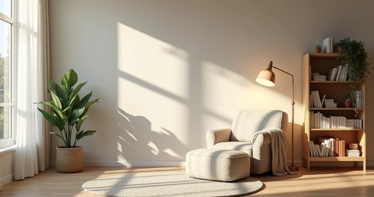 Reading nook with chair, soft rug, and bookshelf by a large window 
