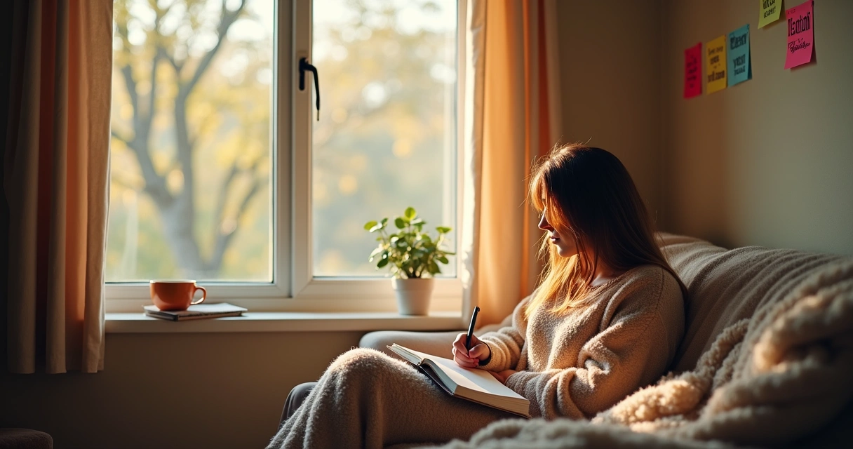 A person journaling emotions comfortably by a window