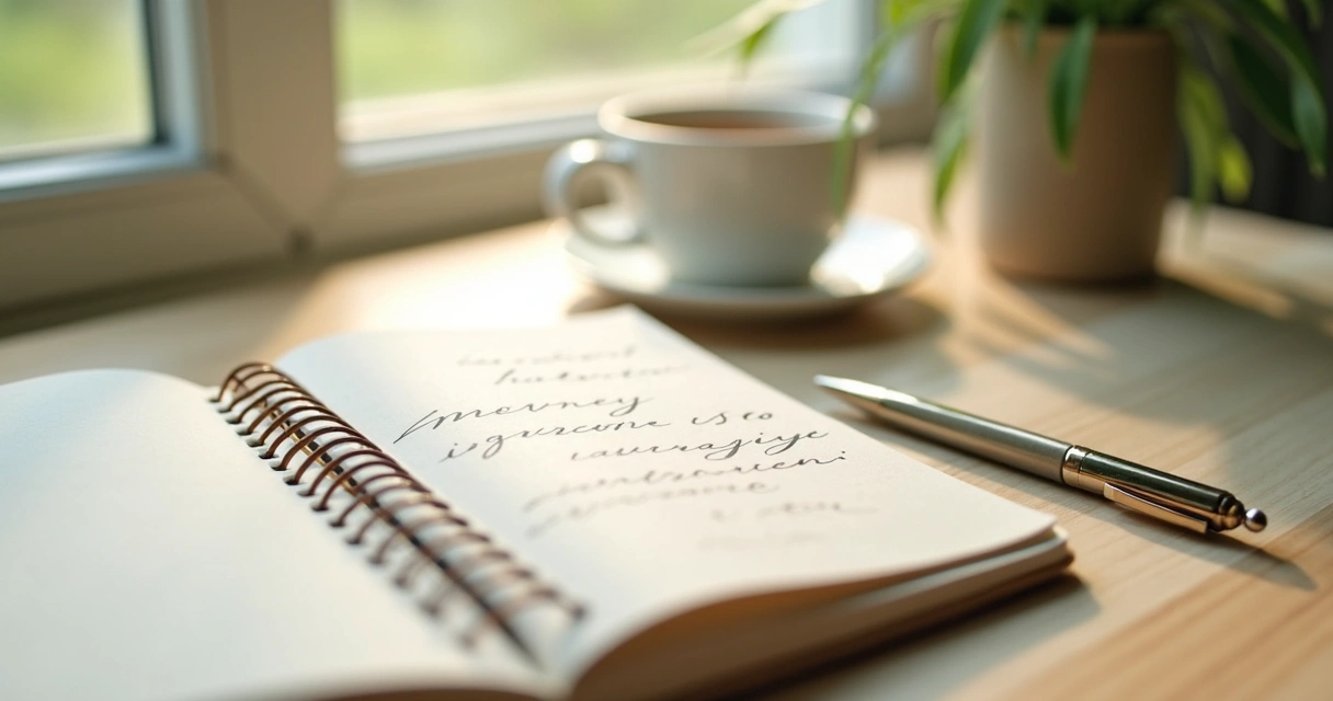 Notebook, tea, and calm workspace for emotional reflection