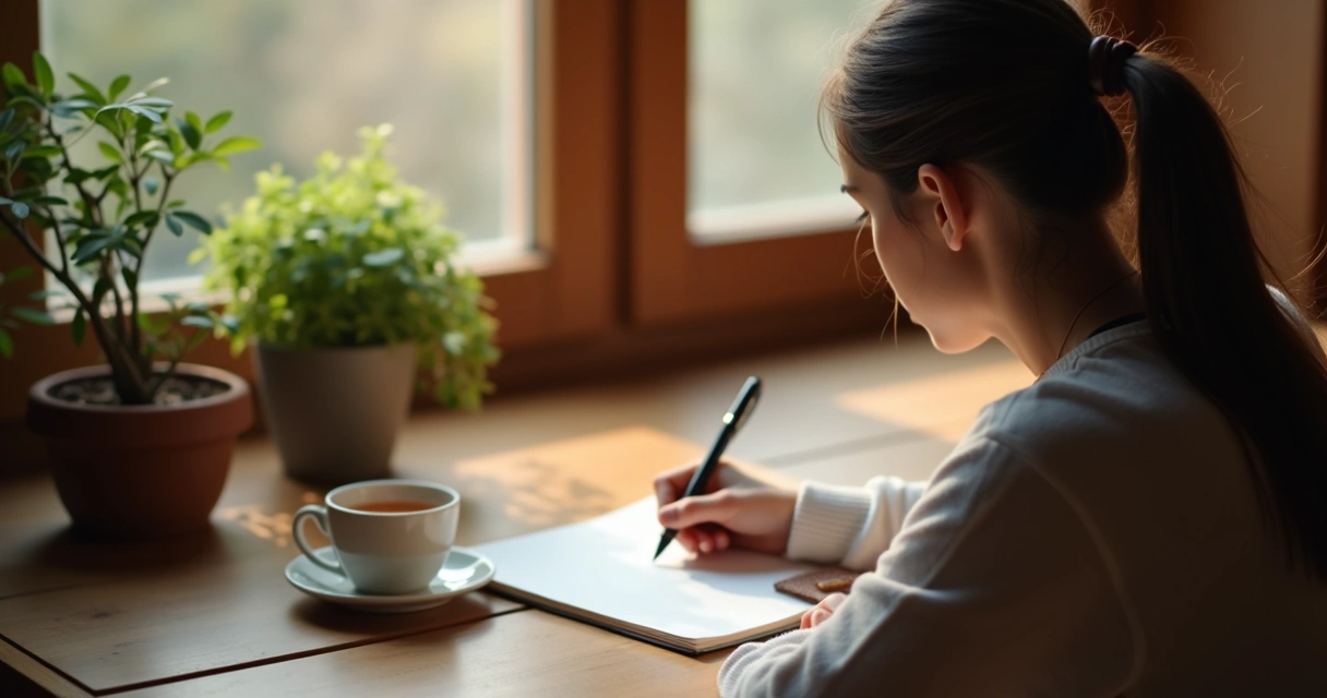 Person writing in a personal journal at a desk with warm light 