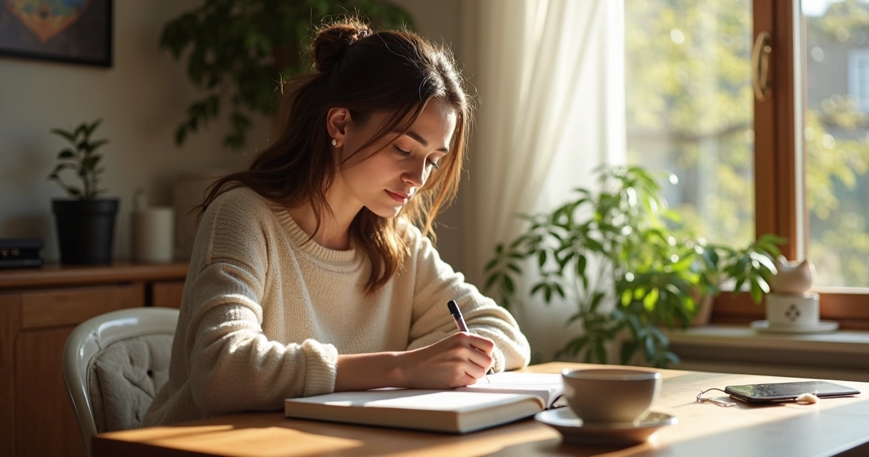 Woman reflecting quietly while journaling at home, with a warm cup beside her