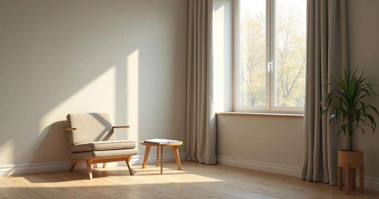 Notebook and chair near a window in a calm room 