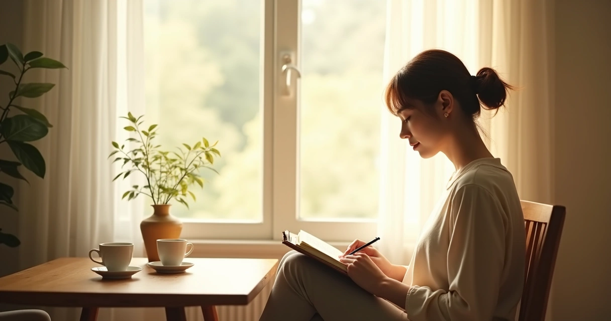 Person reflecting quietly near a window 