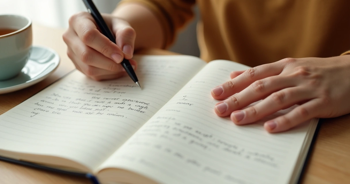 Notebook and hands during calm body awareness journaling 