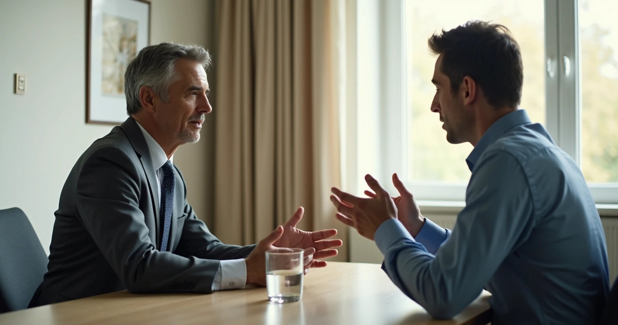 Person listening calmly during a tense conversation in a quiet room