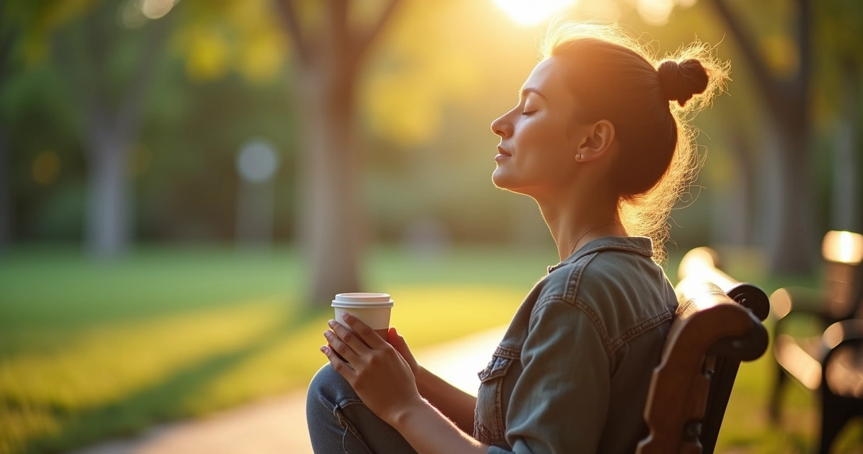 Person sitting calmly outdoors under sunlight with closed eyes