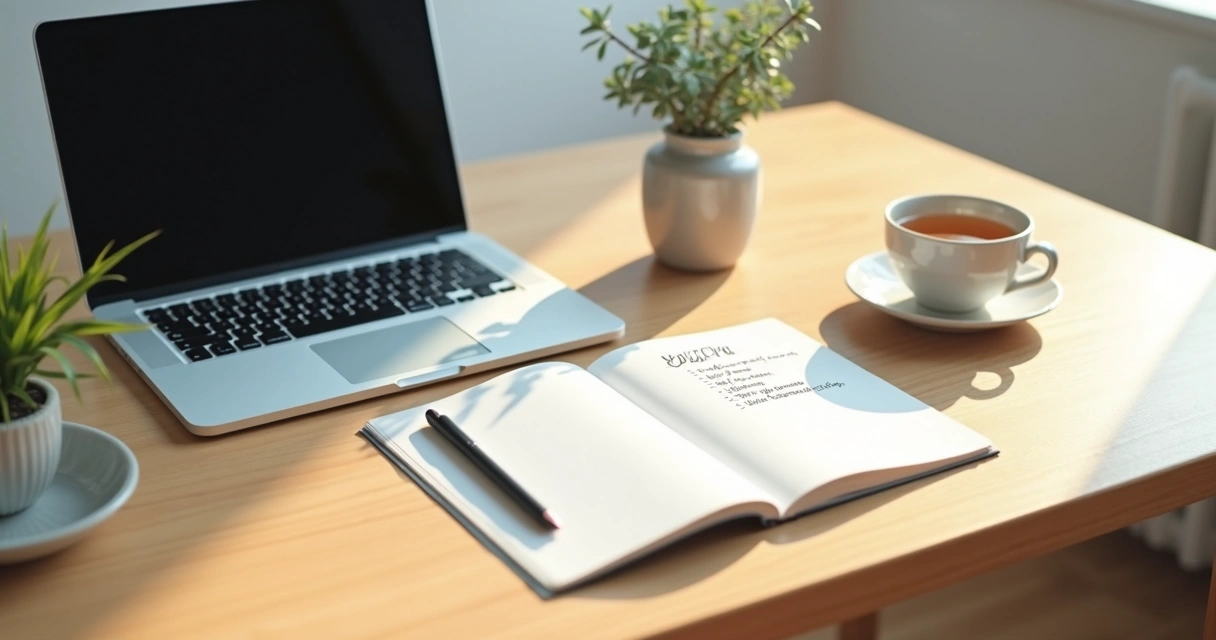 Clean desk with notebook, tea, and soft morning light 